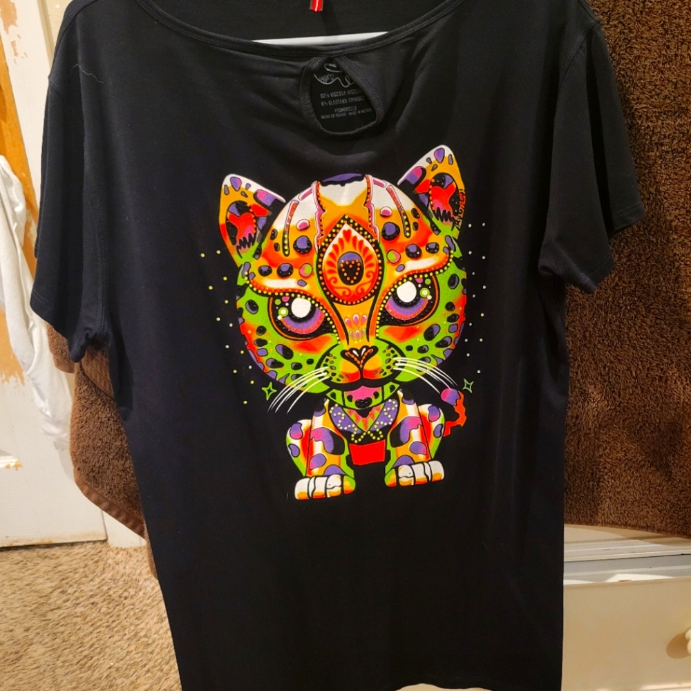 Black T-Shirt with Colorful Cat Design